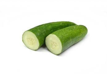 Cucumber salad. Fresh organic cucumber slices isolated on white. Cucumber macro studio photo.