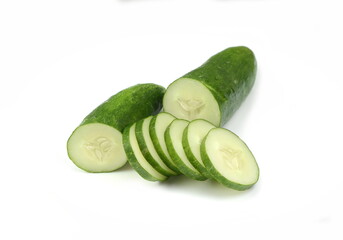 Isolated cucumber salad. Fresh organic cucumber Chopped chives isolated. Cucumber macro studio photo.