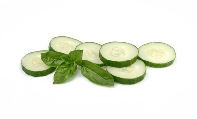 Cucumber salad. Fresh organic cucumber slices isolated on white. Cucumber macro studio photo.