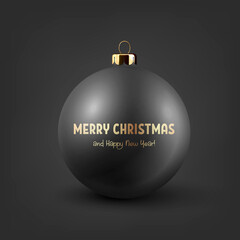 Vector Realistic 3d Black Christmas Glass Ball with Golden Design, Mock-up, Closeup Isolated on Black. Design Template of Xmas and New Year Tree Toy Decoration Ball for Mockup. Front View