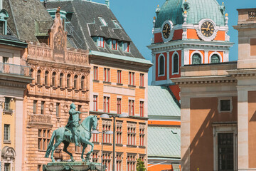 Stockholm, Sweden. Statue Of Former Swedish King Karl XIV Johan Sitting On A Horse Royal Palace....