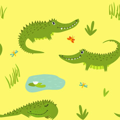 Kids seamless pattern, cute crocodiles and bushes upon yellow background. Cute and colorful pattern for prints, fabric, decorations, surface design