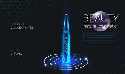 The layout of a cosmetic product in ampoules for a catalog, magazine. Natural oil with vitamins, hyaluronic acid. Vector illustration with ampoule in futuristic design