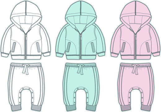 Baby sweatshirt sweatpants vector flat sketch template. baby wear. baby wear fashion technical drawing. You can work the sewing pattern.