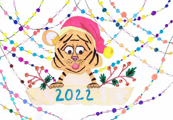 The tiger holds a scroll with the inscription 2022. Children's drawing