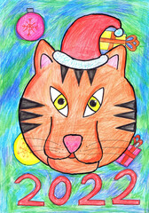 Portrait of a tiger in a Santa Claus hat and inscription 2022. Children's drawing