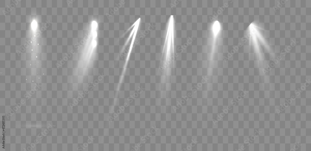 Poster Spotlights set isolated on transparent background. Vector glowing light effect with golden rays and lens flares.