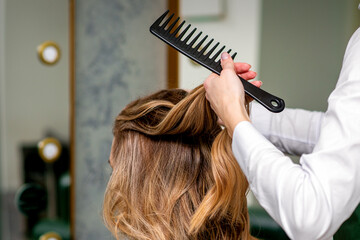 A female hairdresser is combing the long brown hair of a young woman at a parlor