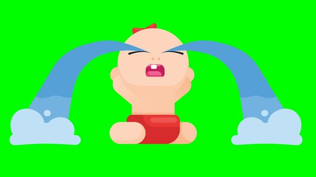 Animation of sitting little baby girl crying with mouth wide open. flat style cartoon video on green background.