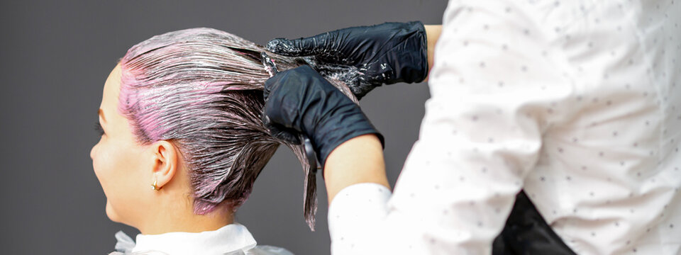 A hairdresser is applying color to the hair of a customer. Hair coloring in a beauty salon. Beauty and people concept. Close-up back view