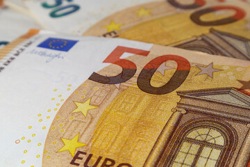 Money background. 50 euro banknote close-up. Soft focus