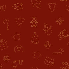 seamless pattern for Christmas and New Year on a red background. christmas pattern for wrapping paper, textile, wallpaper. Golden silhouettes of a snowman, fir trees, snowflakes. Holiday elements