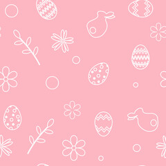 Fototapeta na wymiar seamless pattern for easter on a pink background. spring pattern for wrapping paper, textile, wallpaper. Silhouettes of a rabbit, eggs, flowers. Happy easter holiday elements