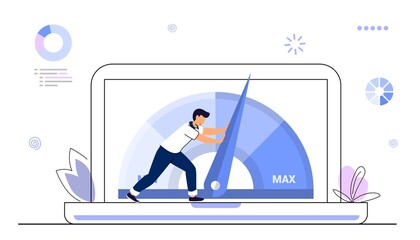 Website loading optimization Page speed and SEO Flat vector concept illustration Website speed Loading time Page optimization Speed test metering dial Slow loading of media content. Signal quality