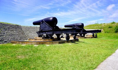 Fort Moultrie National Historic Park in Sullivan's Island, South Carolina. 15-inch Rodman Smoothbore guns (Cannons) for harbor and seacoast defense of Charleston between Civil War - Spanish War.