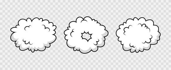 Comic clouds. Pop art speech bubble. Speed effect balloon. Set of funny message shapes. Cartoon motion element. Explosion bomb frame. Sky air object. Vector illustration. - obrazy, fototapety, plakaty