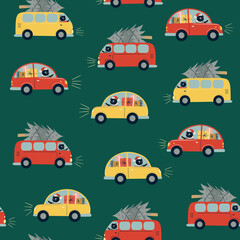 Seamless vector pattern with black cat driver, car, bus and Christmas tree