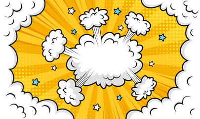Naklejka premium Pop art background with smoke clouds wind and halftone. Funny shapes in comic style. Cartoon bomb explosion. Retro yellow frame with balloon. Sky air banner. Speech bubble element. Vector illustration