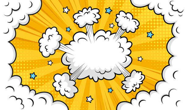 Pop art background with smoke clouds wind and halftone. Funny shapes in comic style. Cartoon bomb explosion. Retro yellow frame with balloon. Sky air banner. Speech bubble element. Vector illustration