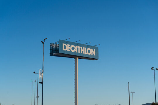 Decathlon aerial billboard, with sunset light and blue sky. 