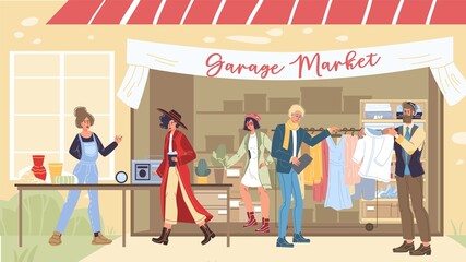 Vector flat cartoon characters at garage market,visitors watching,choosing and buying goods and clothes-fashion,shopping and sales,social concept,web site banner ad design