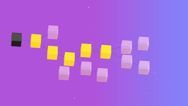 Repr&eacute;sentation d&rsquo;une blockchain d&eacute;centralis&eacute;. La cha&icirc;ne principale est compos&eacute;e de la plus longue suite de blocs apr&egrave;s le bloc initial.