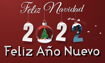 Fototapeta na wymiar tarjeta o banner para una feliz navidad y próspero año nuevo 2022 en blanco y azul sobre un fondo rojo una bola de navidad, un árbol