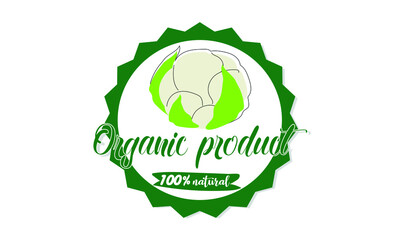 The logo of 100% natural organic product is cauliflower. The sign is suitable for packaging, eco organic product, business, food label design.