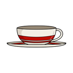 White ceramic tea or coffee cup with plates and red stripe
