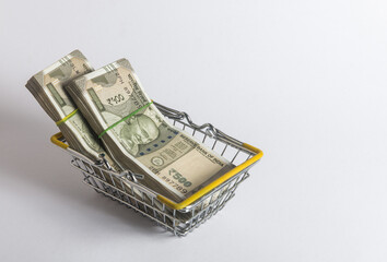 Five hundred Indian rupee currency notes placed in a mini shopping cart. Concept for 'retail banking', 'inflation' or 'financial products'.