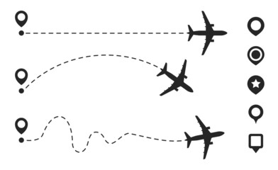 Simple airplane travel line path with map pins. Airplane dashed route path. Plane journey, romantic travel, business element, and plane routes vector illustration isolated on white background