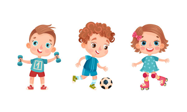 Set of kids doing sport. Happy little children exercising with dumbbells, playing soccer and rollerblading cartoon vector illustration