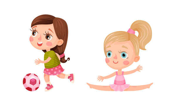 Set of kids doing sport. Little girls doing gymnastics and playing ball. Children activities cartoon vector illustration