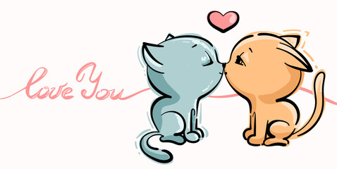 postcard with two cute little cats for Valentine's day. Lettering I love you