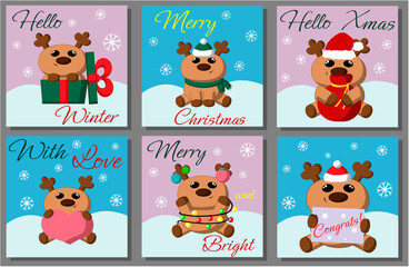 Set Christmas greeting postcard with character Reindeer