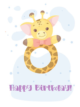 Newborn baby birthday card. Congratulations on the birth of a child. Bright toy rattle in the shape of a giraffe. Vector illustration isolated on white background.