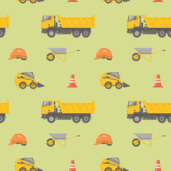Vector seamless pattern with various construction equipment and vehicles