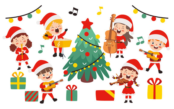 Children Playing Music In Christmas Costume