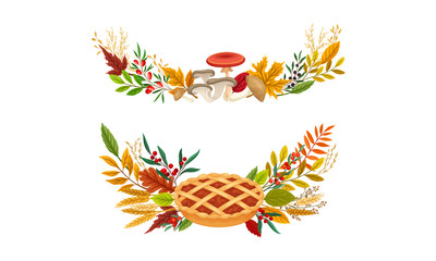 Set of autumn wreath with colorful leaves, pie and mushrooms set. Thanksgiving Day decor elements vector illustration