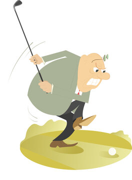 Cartoon golfer man on the golf course illustration. 
Funny angry golfer with a golf club tries to do a good kick isolated on white
