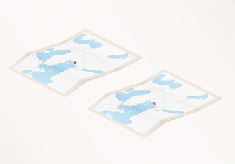 Two versions of a folded map of Lebanon with the flag of the country of Lebanon and with the red color highlighted.