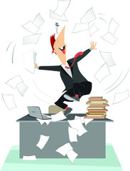 Happy businessman tossing papers and dancing on the table illustration. 
Smiling person glad to success or the end of work and throws up to the air papers and documents isolated on white background
