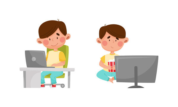 Little kid daily routine. Cute boy playing and working at computer cartoon vector illustration