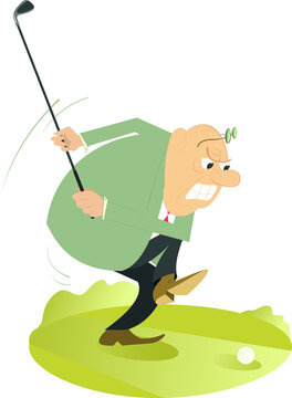 Cartoon golfer man on the golf course illustration. 
Funny angry golfer with a golf club tries to do a good kick isolated on white
