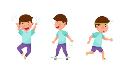 Kid daily activities set. Cute boy having fun, skateboarding and jogging cartoon vector illustration