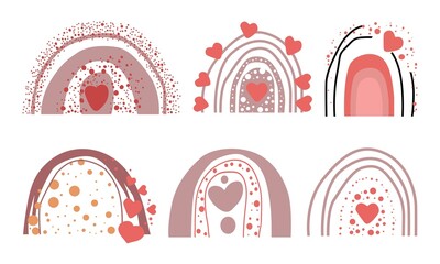 A set of boho rainbows decorated with hearts. Abstract minimalism. Wall decor. Design elements for book cover, page template, print, card, brochure, magazine, poster. Vector
