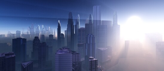 Plakat Beautiful sunrise over the city, beautiful city in the rays of the rising sun, skyscrapers in the rays of light, 3D rendering
