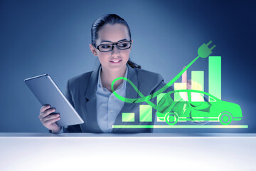Electric car concept with businesswoman pressing button