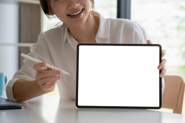 Business woman holding digital tablet. Blank screen for your advertising