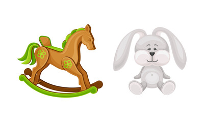 Baby toys set. Rocking horse and bunny cartoon vector illustration